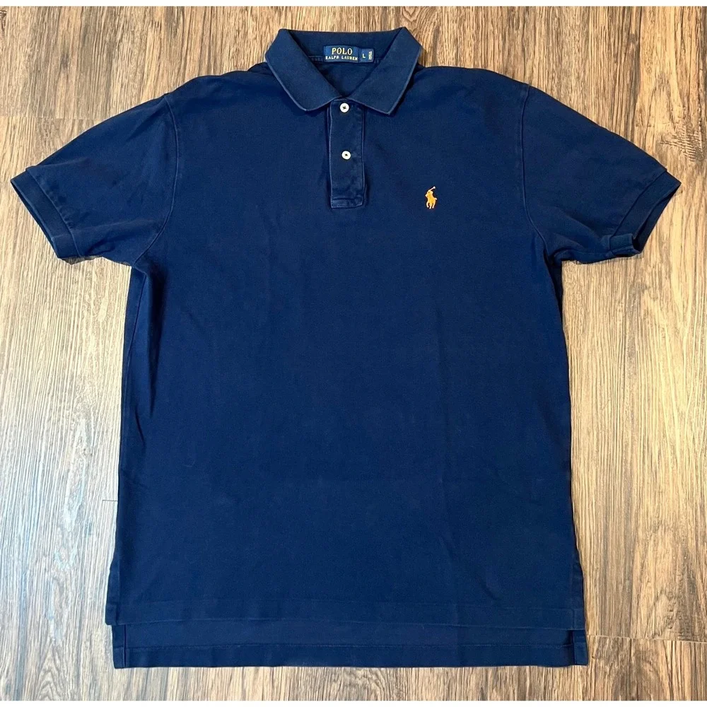 Polo Ralph Lauren Mens Large Navy Blue Short Sleeve Pique Polo Orange Pony Logo
